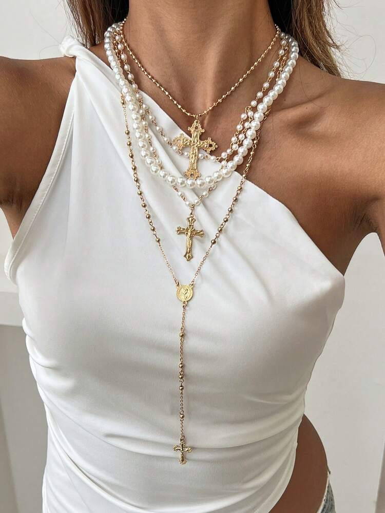 Livesso 4pcs/Set Vintage Metal Religious Jesus Cross Pendant Multilayer Necklace, Elegant Faux Pearl Beaded Necklace, Charming Jewelry Set For Women Daily Wear | SHEIN