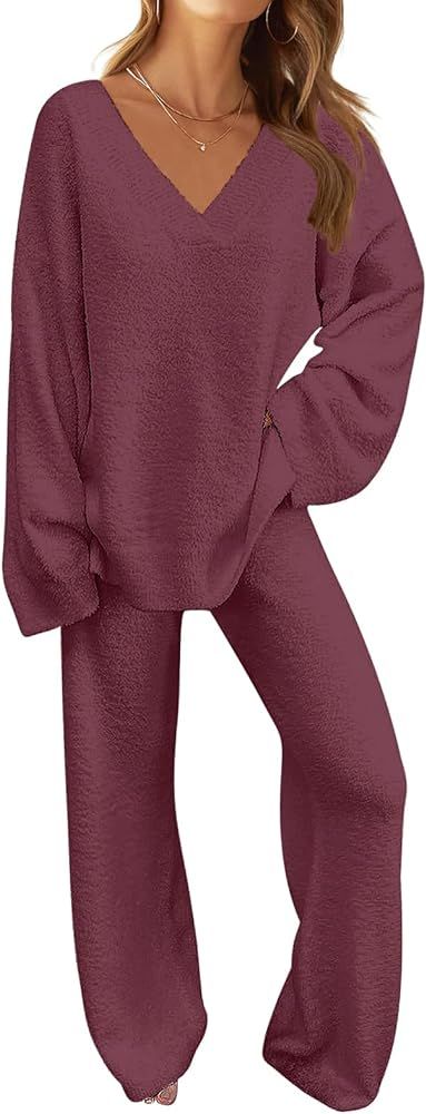 MEROKEETY Women's 2 Piece Outfits Fuzzy Fleece Pajama Set Long Sleeve Top Wide Leg Pants Loungewe... | Amazon (US)