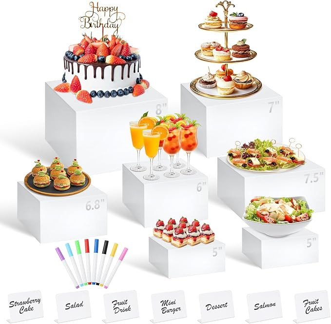 7Pcs White Acrylic Buffet Risers with Mini Sign and Marker, Food Display Risers for Party Caterin... | Amazon (US)