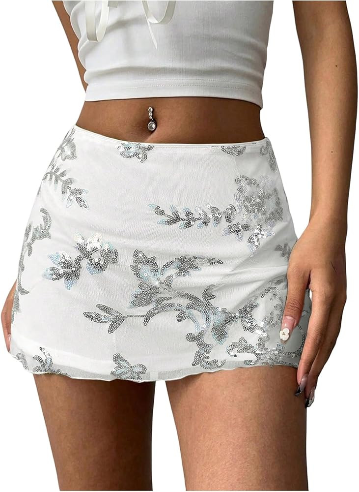 MakeMeChic Women's Sequin Skirt Summer Floral Mesh Glitter Sparkly Mini Skirt | Amazon (US)