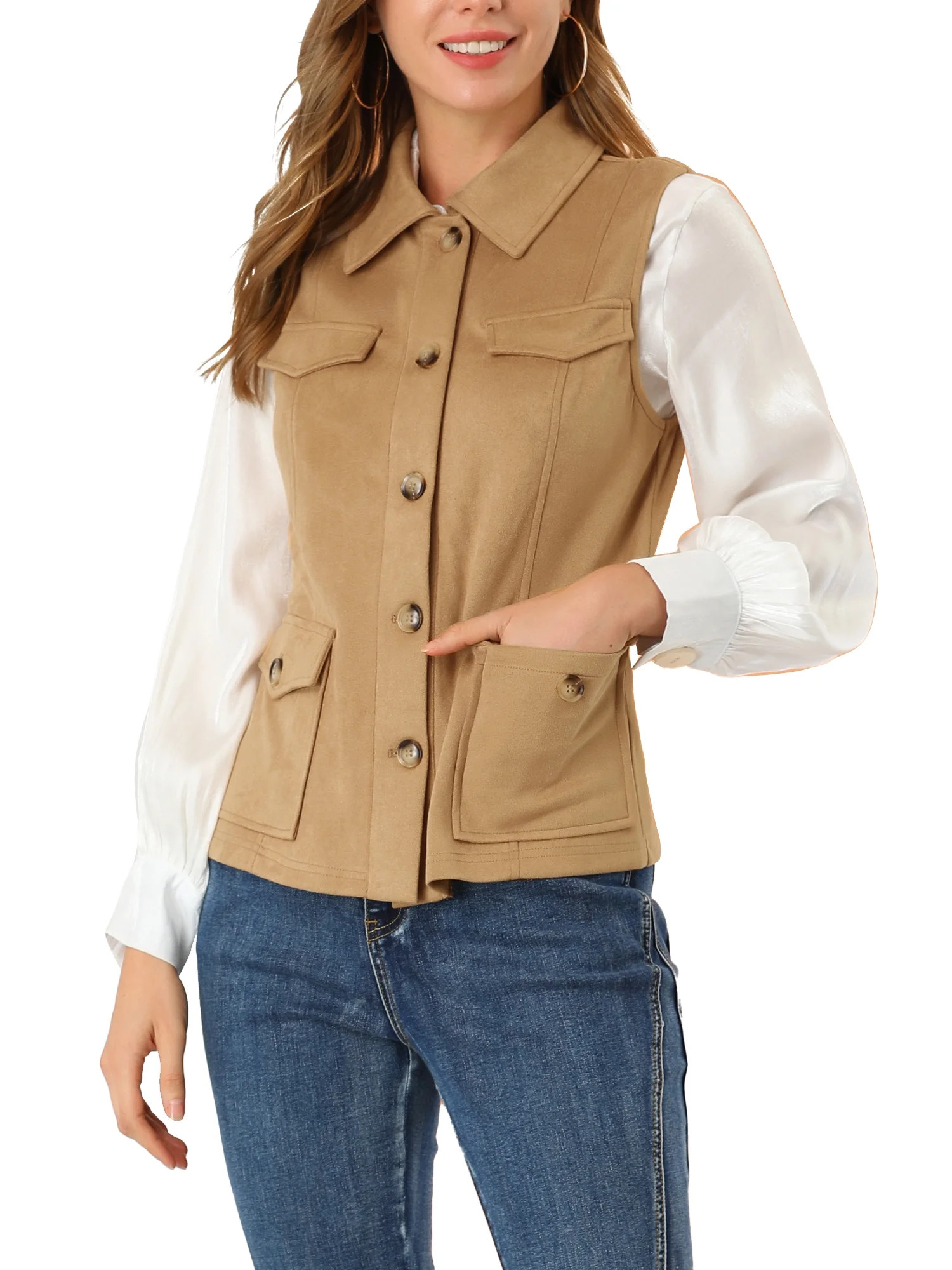 INSPIRE CHIC Women's Utility Cargo Vest Button Front Faux Suede Sleeveless with Pockets Jacket L ... | Walmart (US)