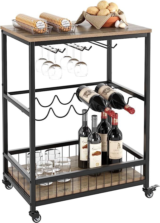 HOMECHO Wine Bar Cart, Simple Modern Beverage Cart with Wine Rack/Glass Holder, Rolling Serving C... | Amazon (US)