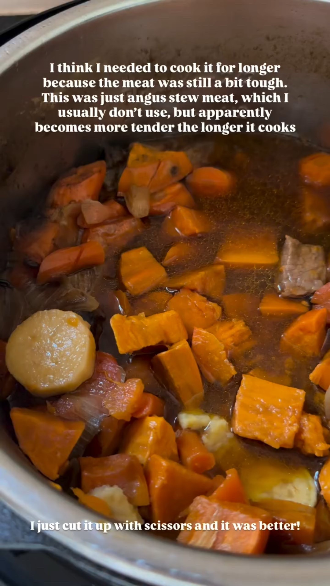 I think I needed to cook it for longer because the meat was still a bit tough. This was just angus stew meat, which I usually don’t use, but apparently becomes more tender the longer it cooks I just cut it up with scissors and it was better!

#LTKHome #LTKFamily #LTKKids