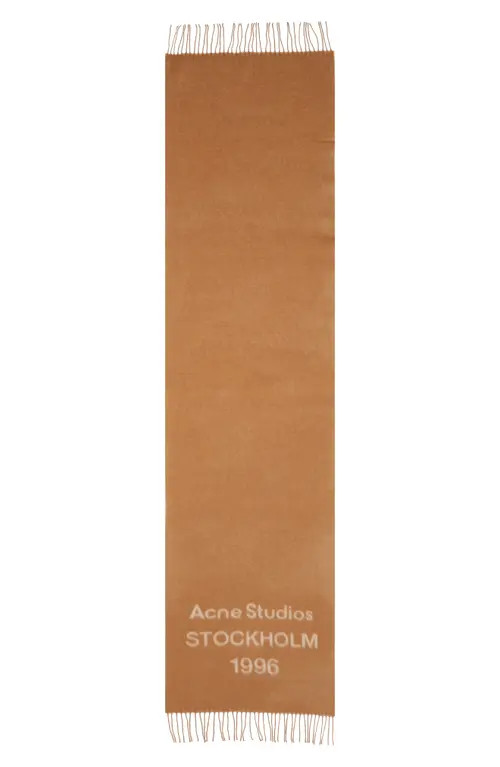 Acne Studios 1996 Logo Jacquard Double Face Wool Fringe Scarf in Camel/Ecru at Nordstrom | Nordstrom