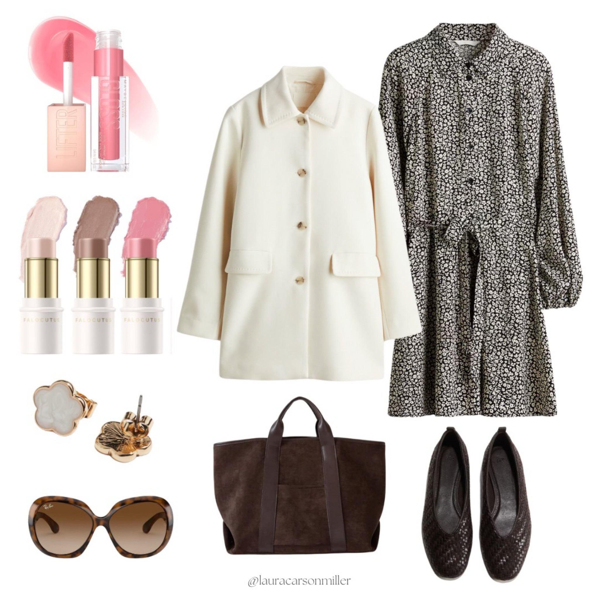 Outfit ideas, braided flats, floral dress, tote, oversized sunglasses, blush/bronzer/hi-liter trio, spring coat, cream, chocolate brown, Laura carson miller, work wear, work outfit, date night outfit, lip gloss, lunch date outfit, hi low style, natural makeup, sale alert, wedding guest outfit 

#LTKSpring #LTKSaleAlert #LTKFindsUnder50