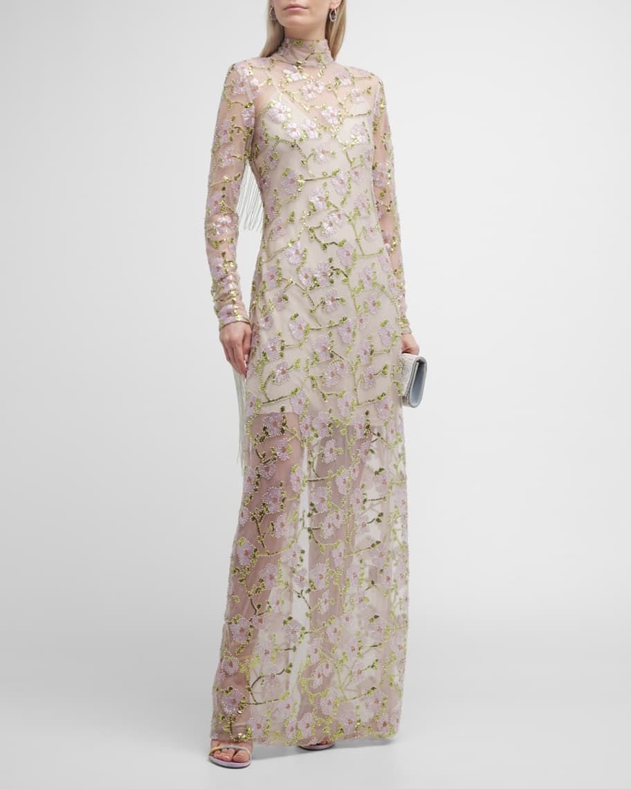 Rotate Birger Christensen Reba Flower Mesh Fringe Maxi Dress | Neiman Marcus