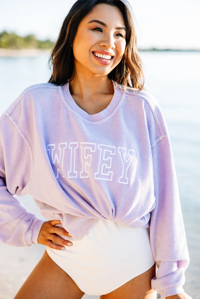 Wifey Lilac Purple Corded Embroidered Sweatshirt | The Mint Julep Boutique