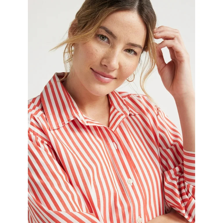 Free Assembly Women’s Cotton Cropped Button Down Shirt with Long Sleeves, Sizes XS-XXL | Walmart (US)