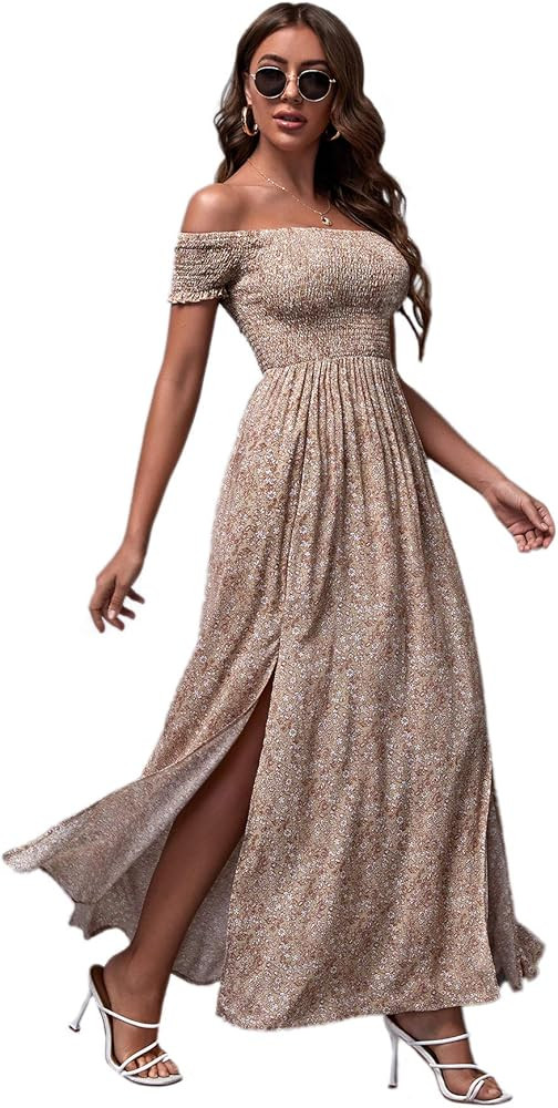 MakeMeChic Women's Boho Floral Print Off Shoulder Shirred Split Summer Long Maxi Dress | Amazon (US)