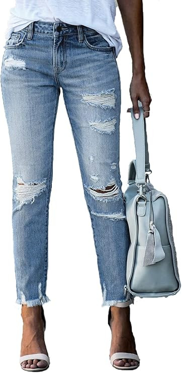 GOSOPIN Women Destroyed Raw Hem Ripped Hole Jeans Patchwork Boyfriend Straight Leg Distressed Ank... | Amazon (US)