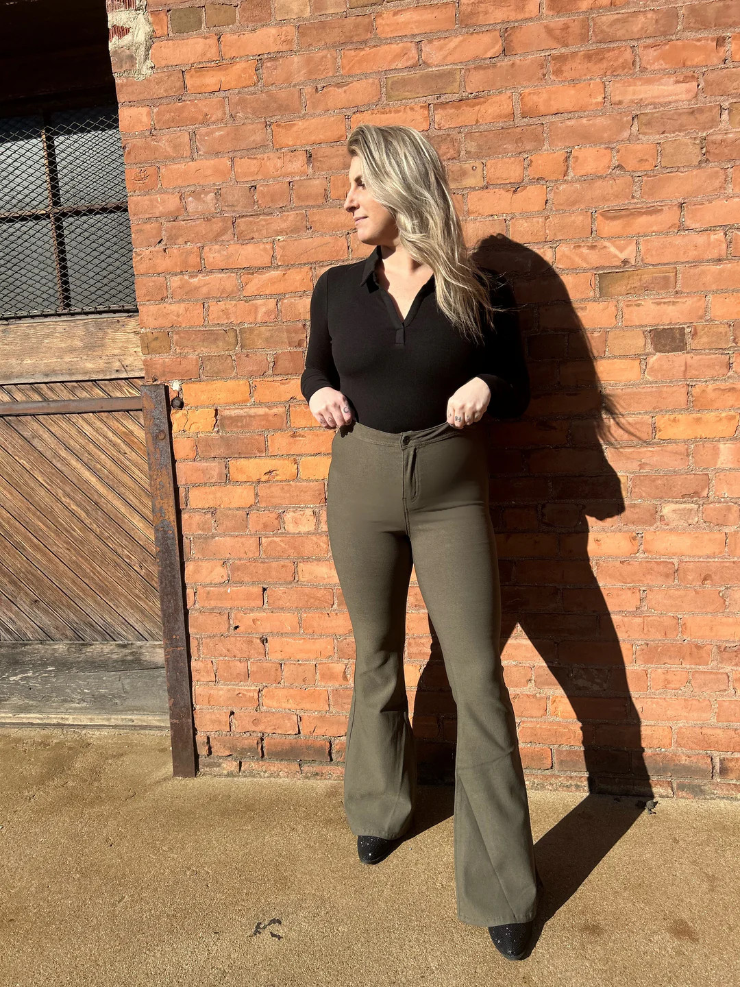 Fiona High Waisted Bell Bottom Flare Jeans - Olive | Willow Boutique