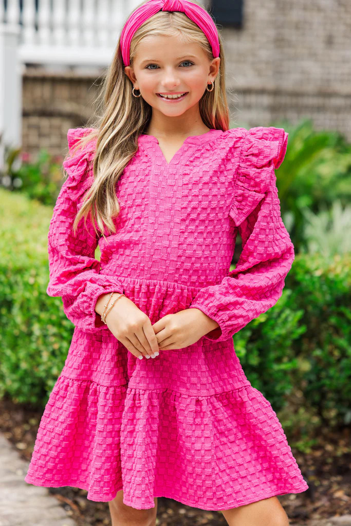 Girls: At This Time Fuchsia Textured L/S Babydoll Dress | The Mint Julep Boutique