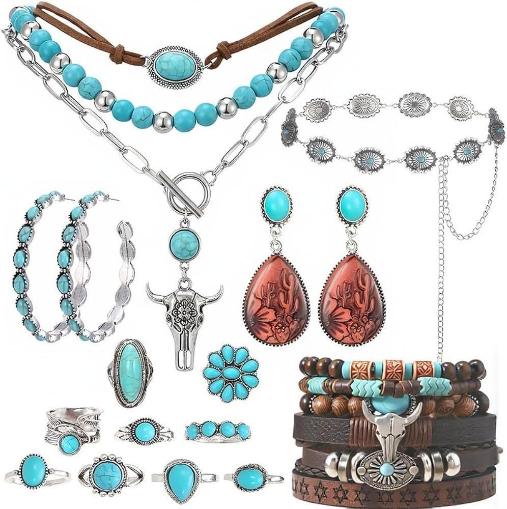 Western Jewelry Set - Boho Turquoise Dangle Earrings Necklace Faux Leather Bracelet Ring with Con... | Amazon (US)