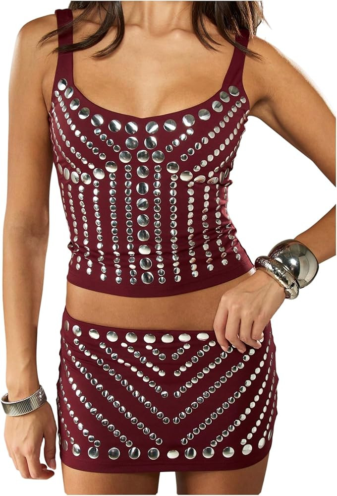 Milumia Women's 2 Piece Outfits Studded Sleeveless Crop Tank Top Bodycon Mini Skirt Sets | Amazon (US)