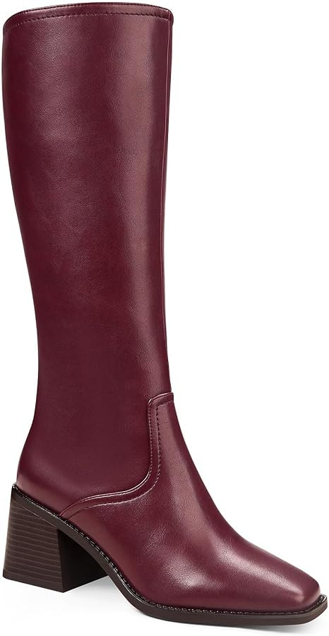Knee High Boots Women - Long Elastic Faux Leather Boots Tall Square Toe Chunky Block High Heel Sh... | Amazon (US)