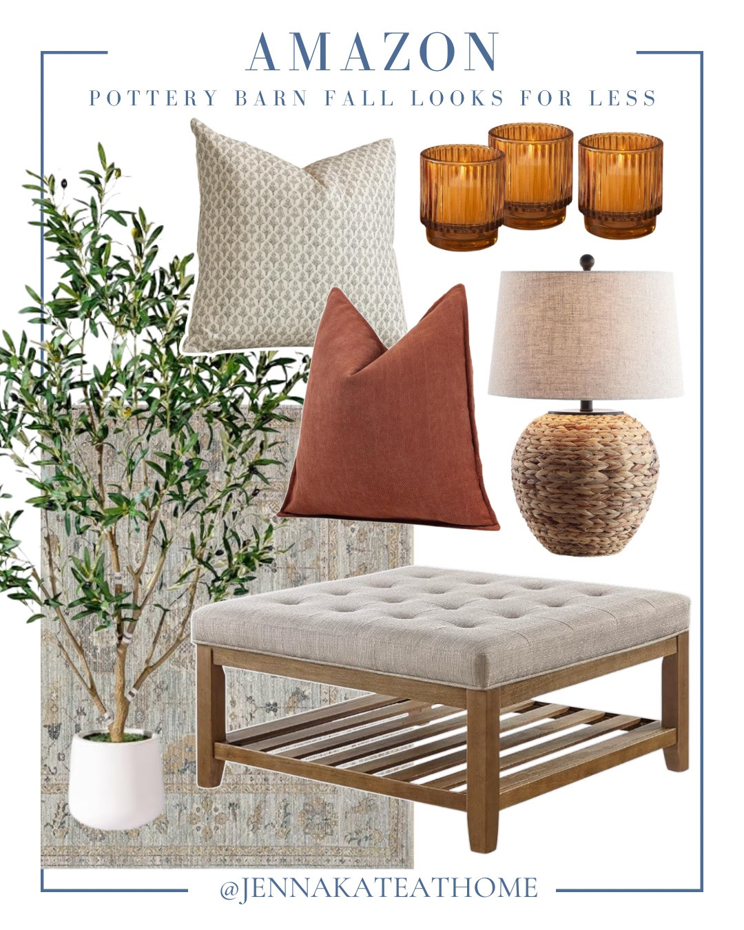 Amazon Pottery Barn looks for less include throw pillows, table lamp, votive holders, faux tree, rug, and ottoman.

Looks for less, home decor, fall home decor, neutral home

#LTKHome #LTKSeasonal #LTKvlog