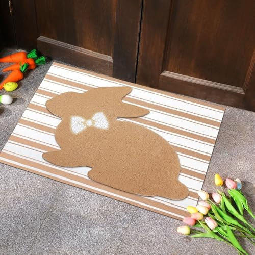 Tinideya 2 Pcs Bunny Door Mat Rabbit Welcome Non Slip Coir Mats Brown and White Stripe Floor Laye... | Amazon (US)