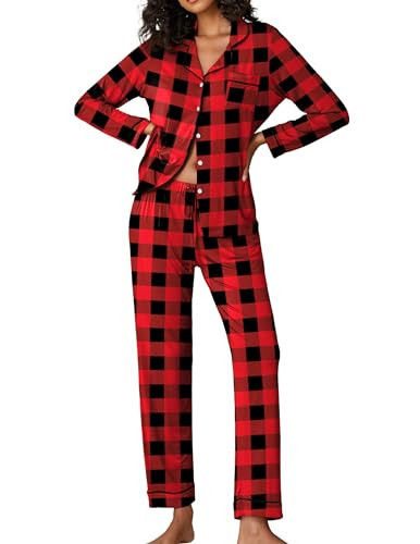 Ekouaer Pajamas Women's Long Sleeve Sleepwear Soft Button Down Loungewear Pjs Lounge Set Nightwear,Black and Red Plaid,Small | Amazon (US)