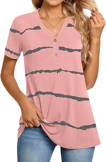 BISHUIGE Womens Henley Tunic Tops Button Up T-Shirts Short Sleeve V-Neck Casual Blouses | Amazon (US)