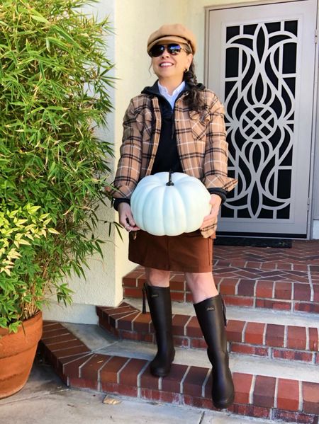 Still warm here in So Cal, so layering works for a trip to the pumpkin patch! I’ll let you in on a secret, my white collar isn’t a full shirt- it’s too hot for that! This #shacket runs large. My #cargopocket #skirt washes well and has elastic in the waist. Love the style of these #brown #Joules #wellies #rainboots 💦 The #tassels are removable. I bought my true size 8 and there’s room for a fleece boot sock and insole. #falloutfit #workoutfit #plaid #sweater #autumn #newsboycap #hat #camel 

#LTKfindsunder100 #LTKshoecrush #LTKSeasonal