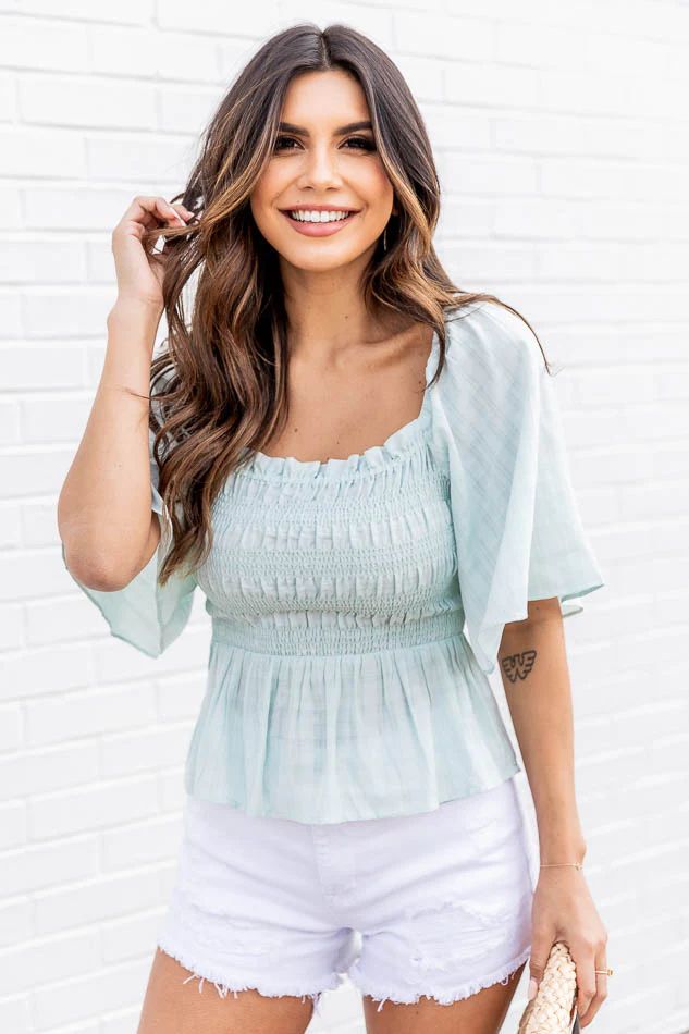 Set On Tomorrow Sage Smocked Square Neck Blouse | Pink Lily