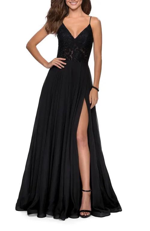 La Femme Chiffon Prom Dress with Sheer Floral Lace Bodice in Black at Nordstrom, Size 4 | Nordstrom
