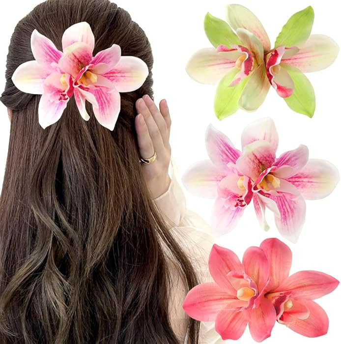 Orchid Hair Clip - 3 Pcs Floral Hair Clips for Women in Pink, Red, Green - Hair Pins for Thick or... | Amazon (US)