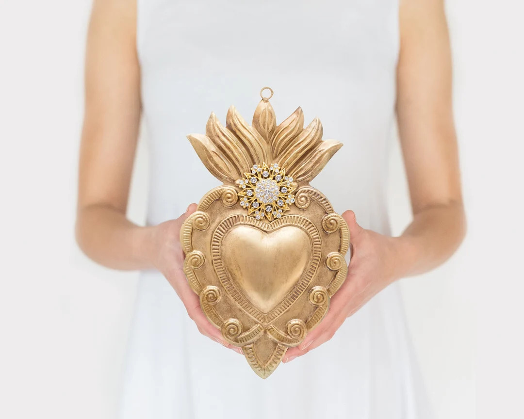 Sacred Heart, Milagro Heart, Large Flat Gold Heart with Rhinestones, Catholic Heart, Wall Hanging | Etsy (US)