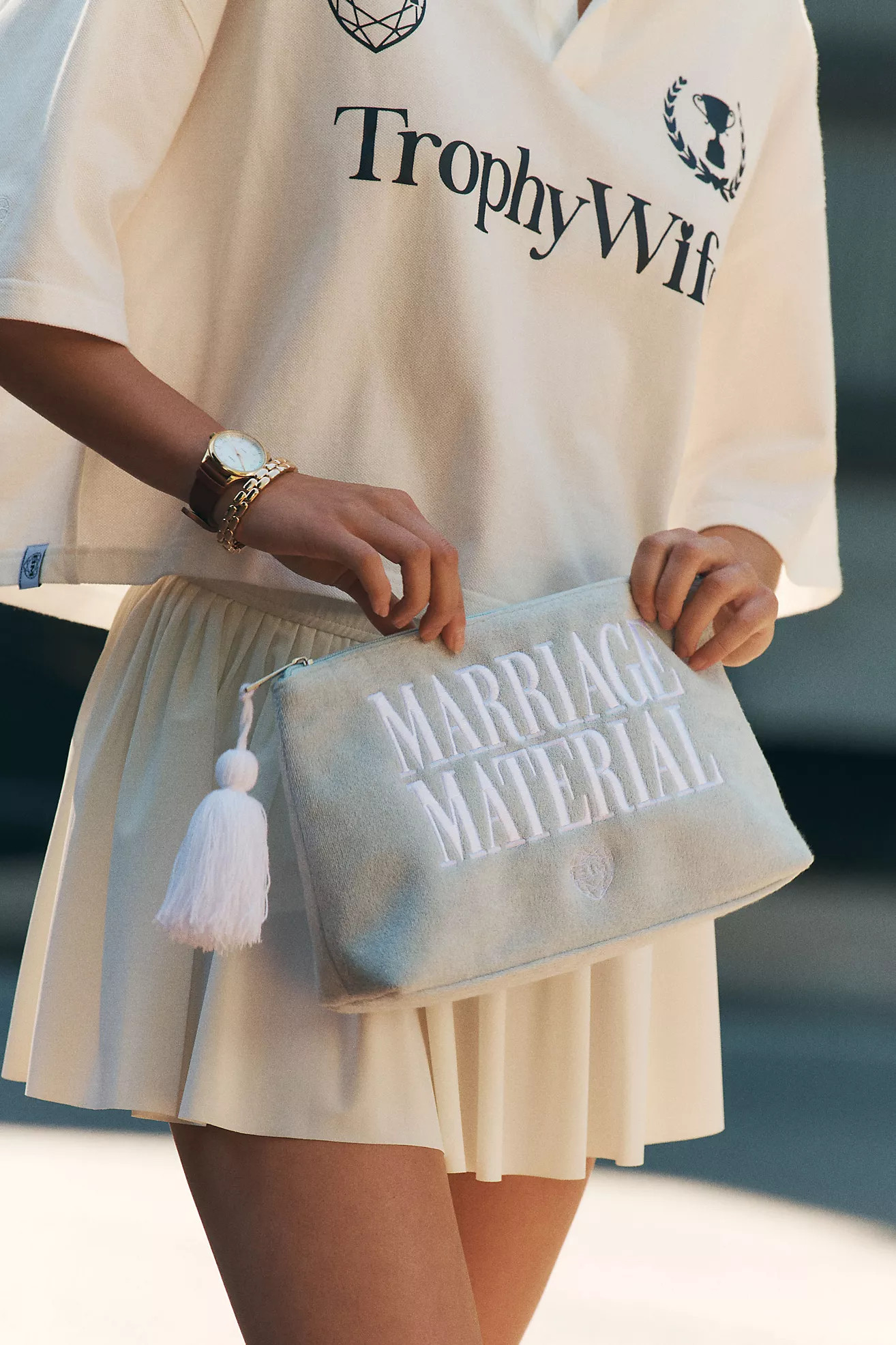 BRIDEMERCH Embroidered Marriage Material Terry Beach Pouch | Anthropologie (US)