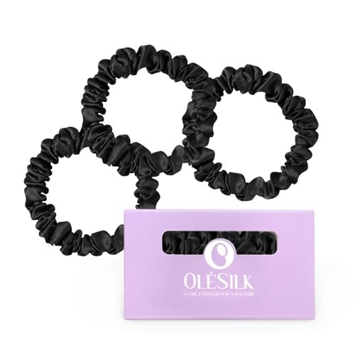 OLESILK Silk Hair Ties for Women: 100% Mulberry Skinny Silk Scrunchies, Soft Smooth No Damage No Crease for Thin Fine Curly Hair 3 Pack, Black | Amazon (US)