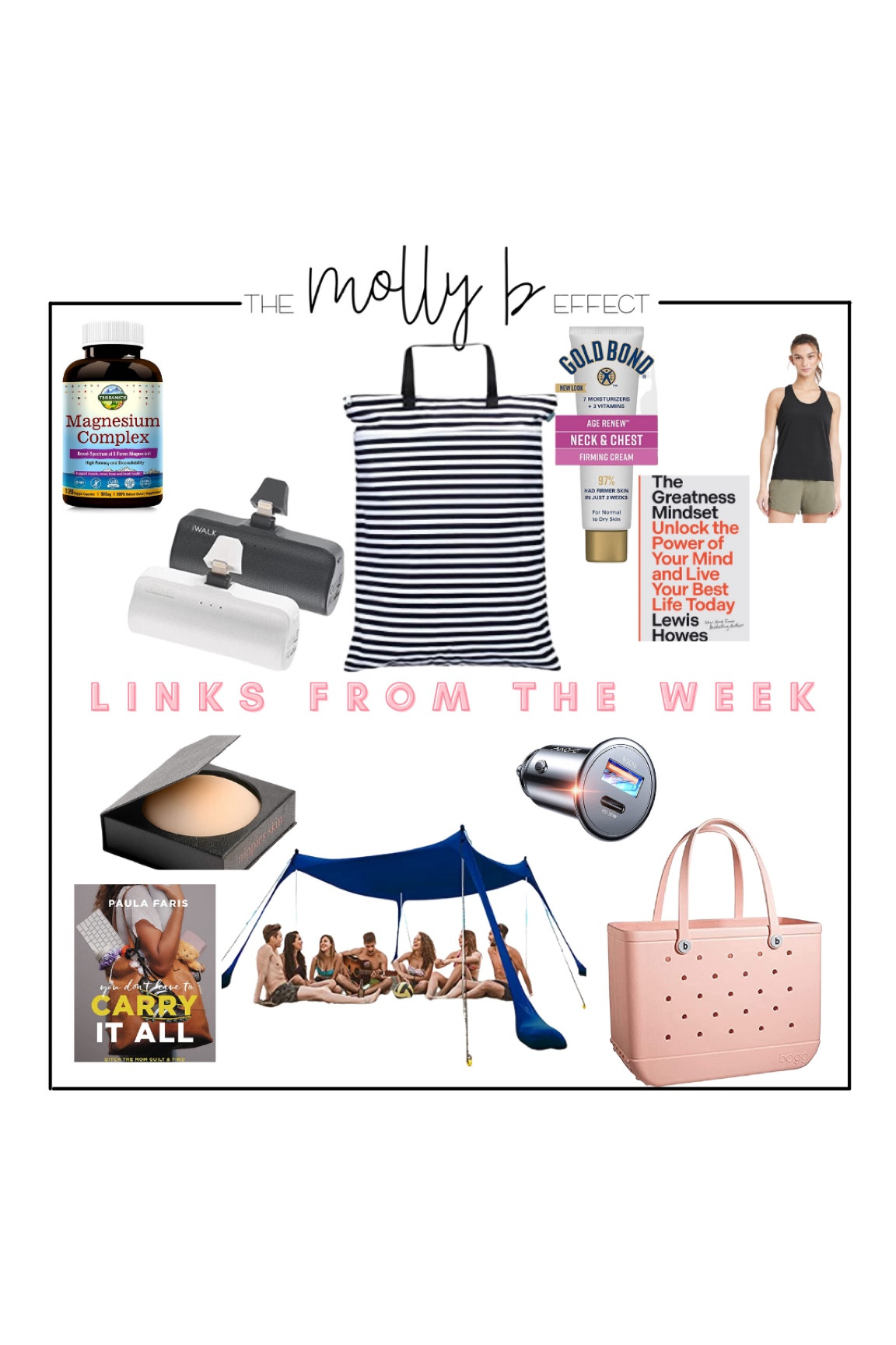 Here are allllll the things from this past week! 
-Trying these magnesium pills to help with muscle repair, anxiety & sleep 🤩
-my allllll time fav portable chargers
-laundry bags are a must when traveling! They’re washable too, each member of the family has one! So easy!
-trying this neck cream 🤞🏼🤞🏼
-my fav workout tops, only $12!!!
-we all hate built in pads in bras and bathing suits, I wear these almost daily- no more seeing the nips 🙌🏻
-beach tent. Must.have! 
-car charger with dual chargers 🙌🏻
-bogg bag is the best beach, lake, and pool bag around 🩷