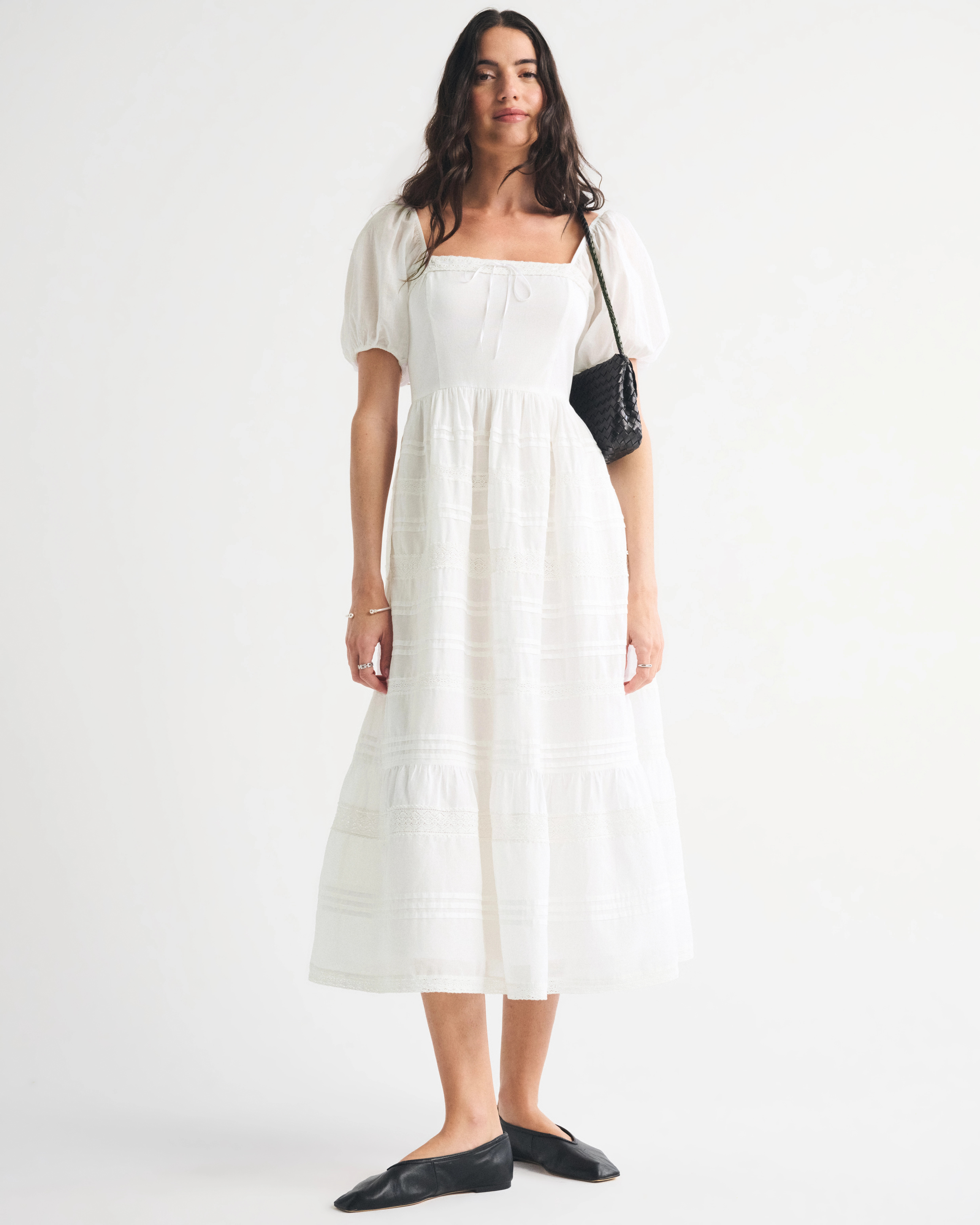 A&F Emerson Puff Sleeve Lace-Trim Midi Dress | Abercrombie & Fitch (US)