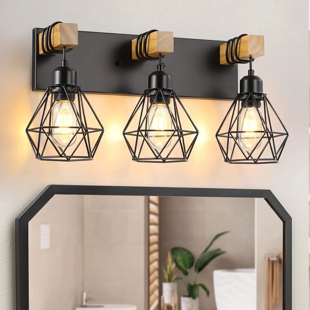 Farmhouse Bathroom Vanity Light Fixtures, 3-Light Wood Bathroom Light Fixtures Over Mirror, Rusti... | Amazon (US)