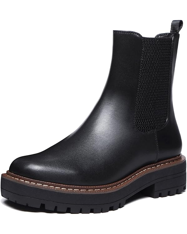 Athlefit Women's Chelsea Ankle Boots Platform Slip On Chunky Heel Lug Sole Leather Booties | Amazon (US)