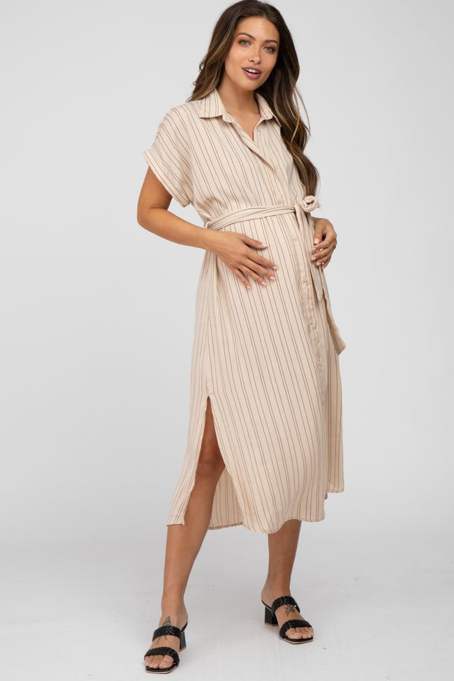 Taupe Striped Button Down Waist Tie Maternity Midi Dress | PinkBlush Maternity
