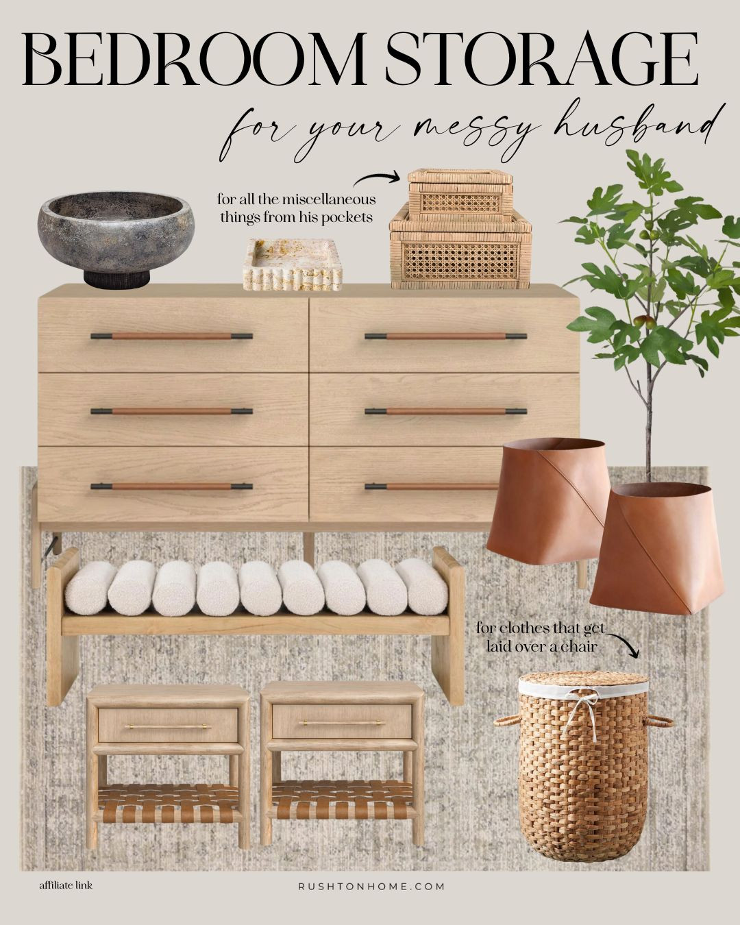 Bedroom storage ideas for the messy man in your life!

- Make sure you have a set of closed baskets on your dresser or table -- this is where all the miscellaneous things from his pockets can go daily, instead of on the top of the dresser.

- Closed nightstand storage! Less display, more storage inside drawers.

- A big dresser! Any extra spaces, create some drop boxes in the top drawers for all the random stuff he may have.

- A big basket, open or closed. This can be for loosly folded "not dirty, but not clean" clothes that often get slung over the back of a chair.

I have a husband who does all these things too! We just find workarounds that work for my brain, because clutter in our bedroom stresses me out!! 

 #LTKHome