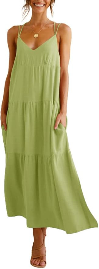 Febriajuce Women’s Summer Maxi Dress Casaul Spaghetti Straps Solid V-Neck Backless Cami Dresses... | Amazon (US)