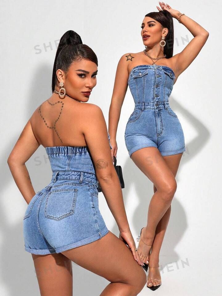 SHEIN SXY Women Single-Breasted Strapless Casual Denim Jumpsuit With Shorts | SHEIN
