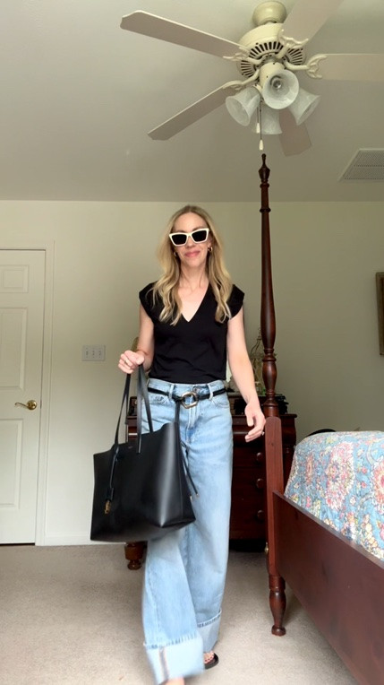 Casual outfit with black tee, @Zara cuffed baggy jeans, @Madewell leather thong sandals, YSL tote bag

#LTKootd #LTKSeasonal #LTKOver40