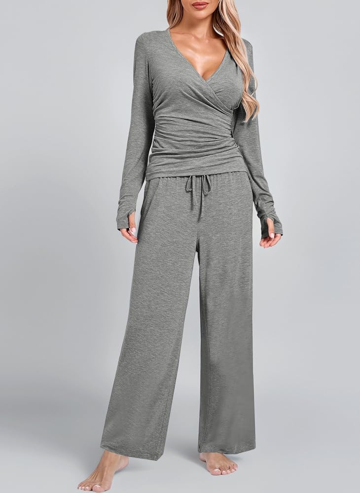 Womens Loungewear Set Viscose Spandex Long Sleeve Wrap Top with Thumb Holes and Wide Leg Pants Ul... | Amazon (UK)