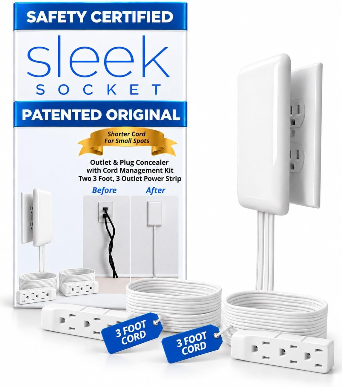 Sleek Socket Original & Patented Ultra-Thin Outlet Concealer with Cord Concealer Kit, Dual 3-Foot Cord with 3 Outlet Power Strip, Safety Certified For Kitchen Countertops with Appliances on Both Sides | Amazon (US)