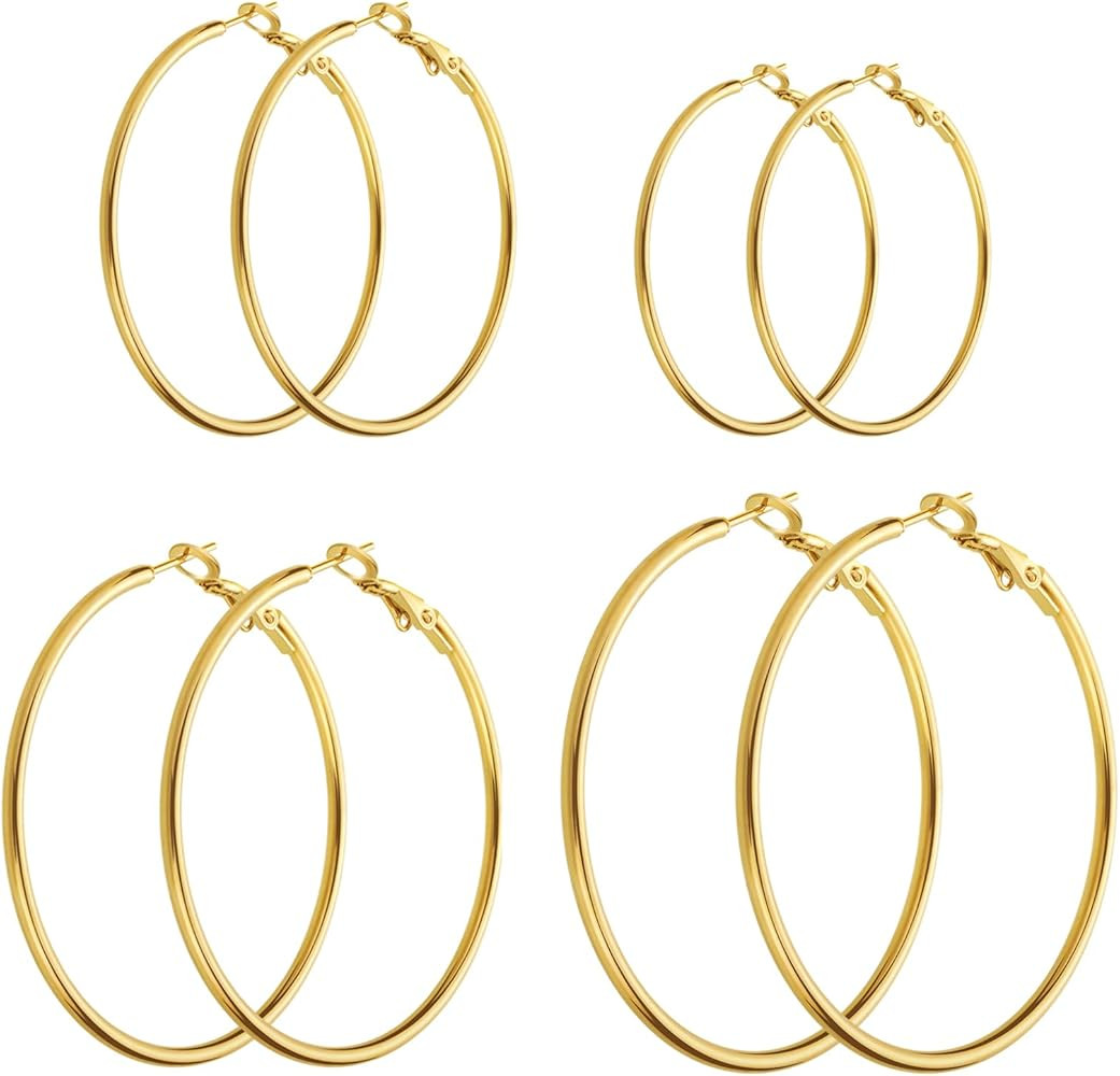 Gold Hoop Earrings for Women - 14K Gold Plated Hypoallergenic Stainless Steel Gold Earrings Set, ... | Amazon (US)