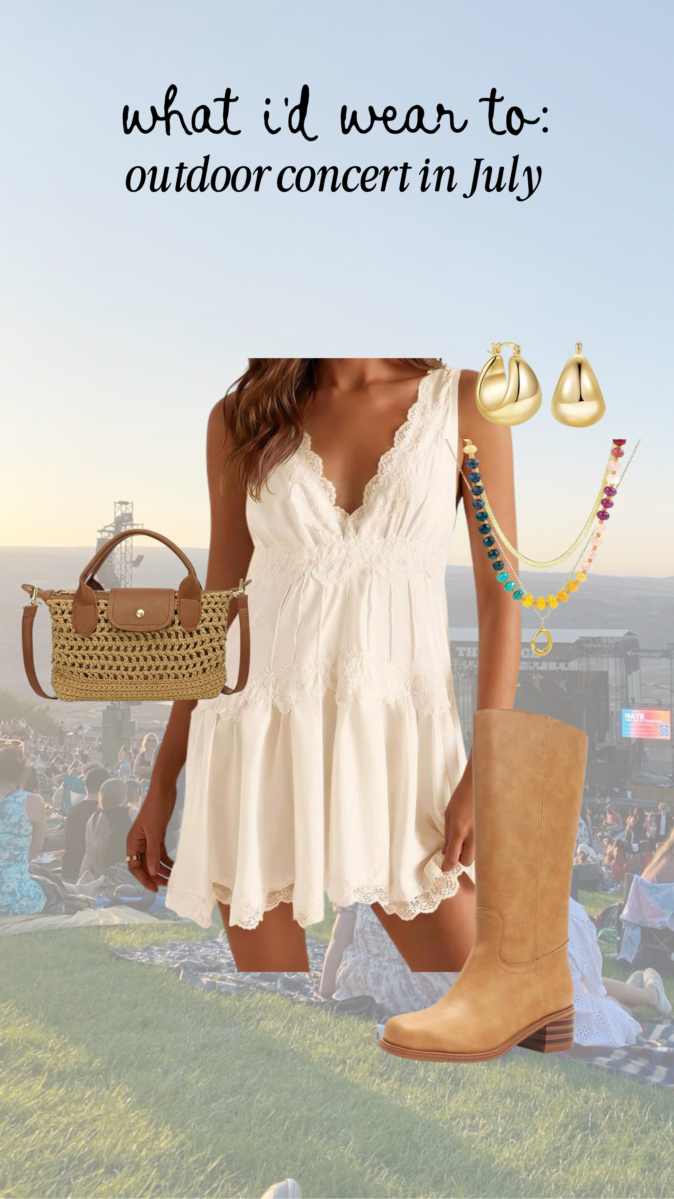 What I would wear to a summer outdoor concert! This dress is light, flowy, comfortable, and SO CUTE! 

boots, beaded jewelry, anti-pooch outfit 

 #LTKgrwm #LTKootd #LTKMidsize