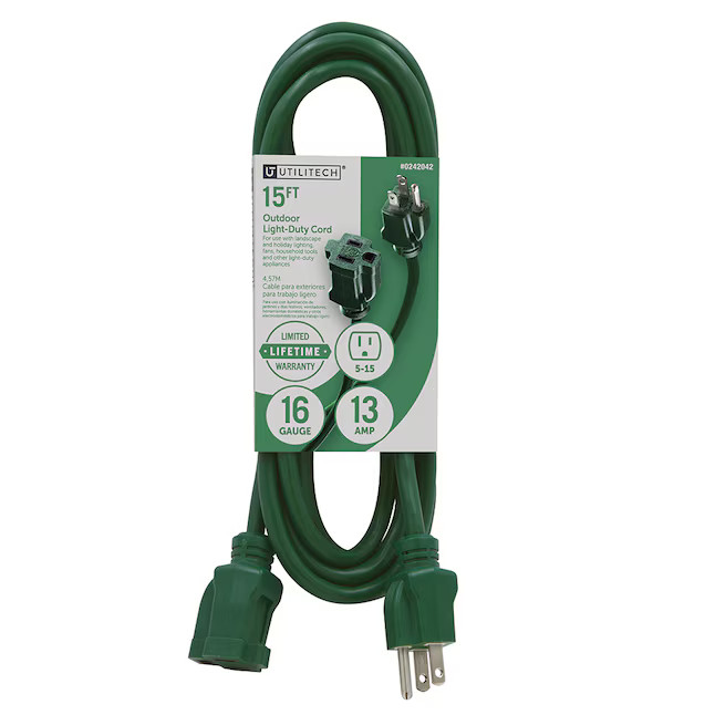 Utilitech Outdoor Extension Cords 15-ft 16/3 Green 3 Prong Outdoor SJTW Light Duty | Lowe's