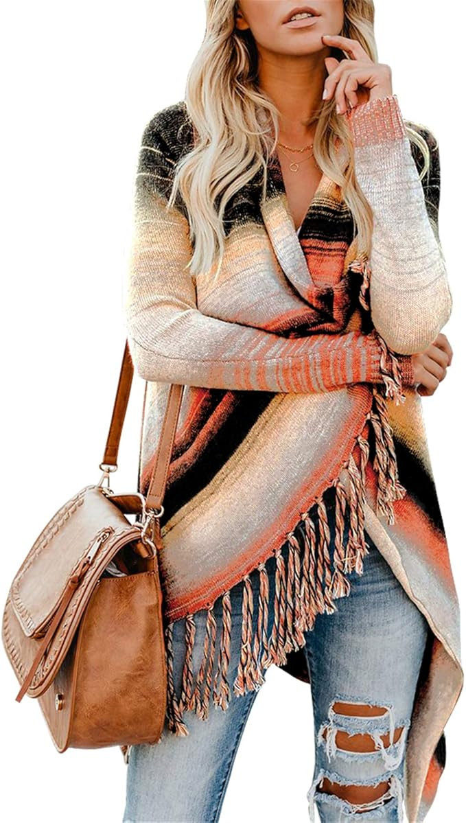 EXLURA Womens Color Block Cardigan Open Front Sweaters Loose Knit Casual Coat | Amazon (US)