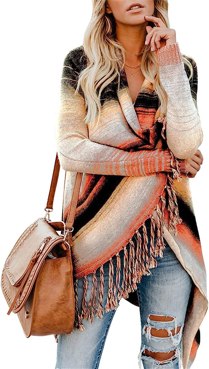 EXLURA Womens Color Block Cardigan Open Front Sweaters Loose Knit Casual Coat | Amazon (US)