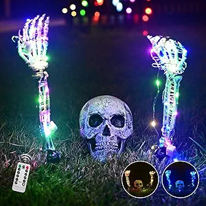 Madifana Halloween Lighted Skeleton Set, Skull & 2 Arms Stakes, 10m Remote Timing String Lights(8... | Amazon (US)