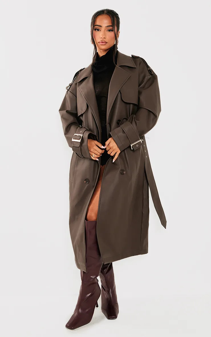Petite Chocolate Faux Leather Buckle Trench Coat | PrettyLittleThing US