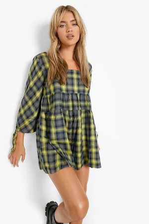 Check Puff Sleeve Smock Playsuit | Boohoo.com (US & CA)