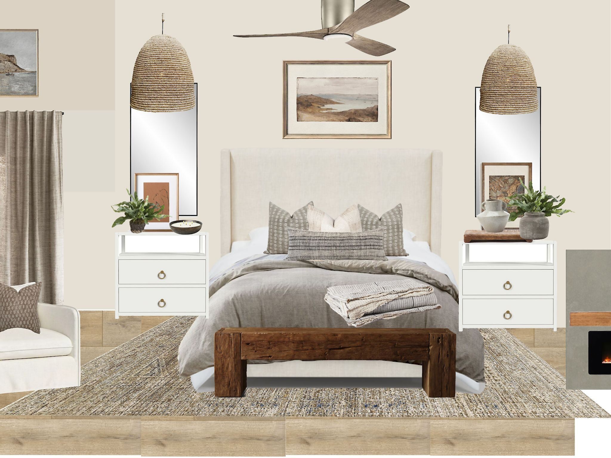 PROJECT REVEAL: Rachel's Bedroom Reveal ✨
I've designed hundreds of primary bedrooms in my career as an interior designer, but the inspiration for my own came from a recent trip to Mexico. 
These stunning oversized rattan pendants were the start. The texture and the way the light filters through the material spoke to me—it’s the perfect blend of natural, organic beauty. 🌿
We kept existing white nightstands we already had, and as a rule of thumb, when you have white in a space, it’s essential to balance its starkness with natural materials like wood. That’s where the warmth of the rattan comes in, along with the layered wood tray and the soft fabric bed. Normally, we'd go with wood nightstands, but to keep things unique, we added a gorgeous wood bench at the foot of the bed. We saved on the nightstands, which allowed us to splurge on the statement piece. And that bench is certainly a statement! 
The goal was to create a feeling of calm--- a serene environment as every bedroom should be. The soothing tones of a muted blue, cream, and beige give the room a restful vibe. And of course, adding the fireplace and perfect paint color—SW Sanctuary—tied everything together for that peaceful, relaxing retreat. 

 #LTKHome #LTKSaleAlert #LTKStyleTip